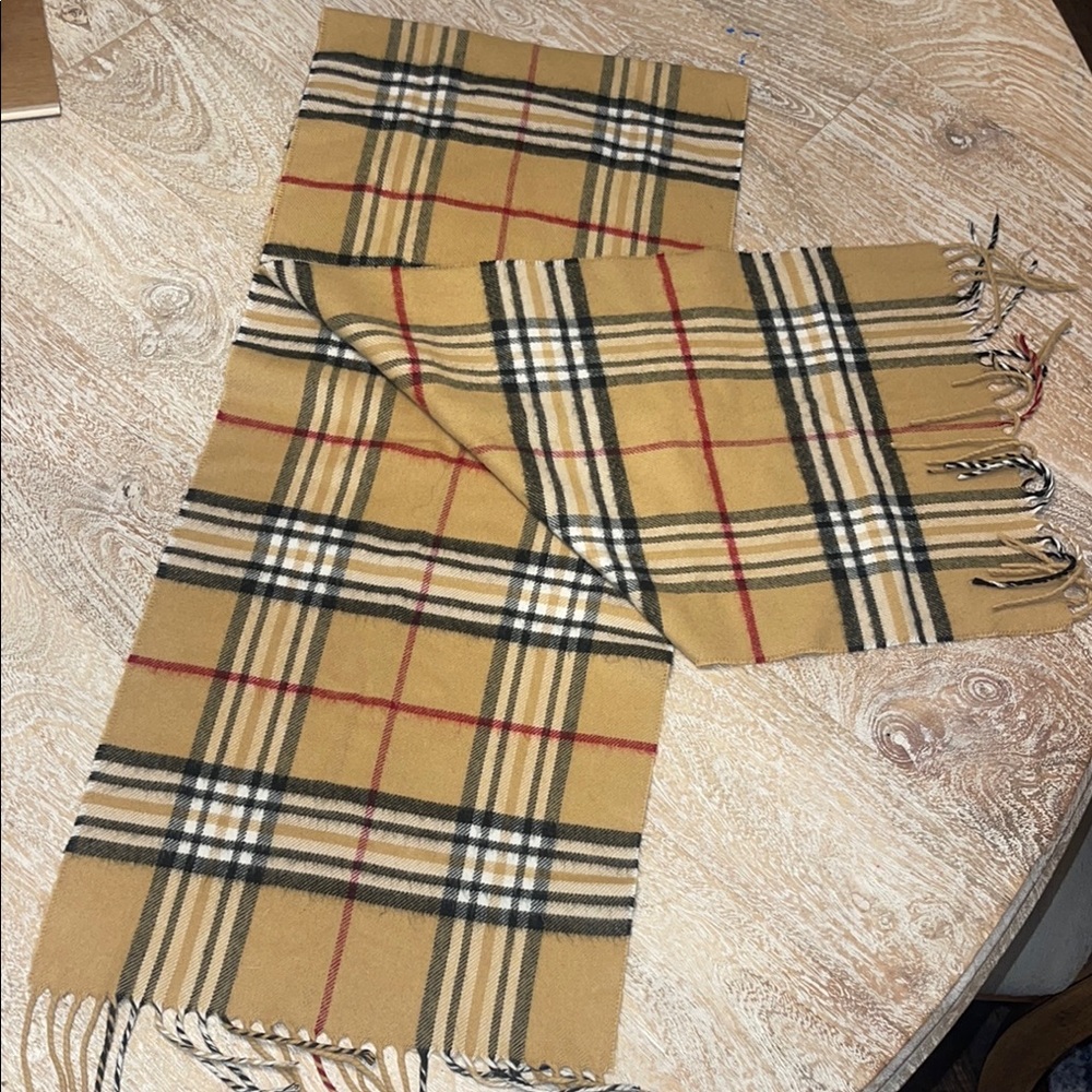 Tan and Red Plaid Scarf with Fringe